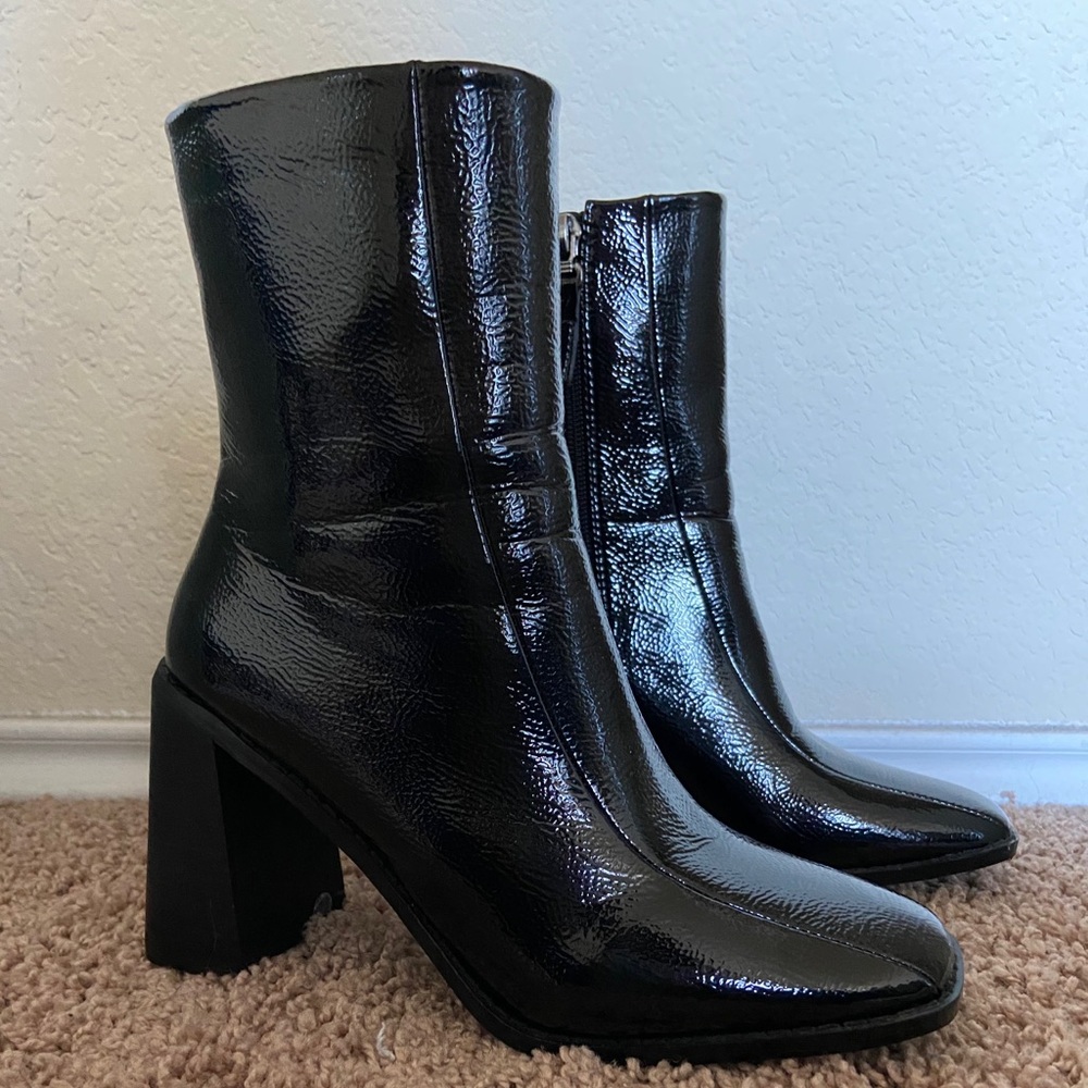 PrettyLittleThing black patent leather boots